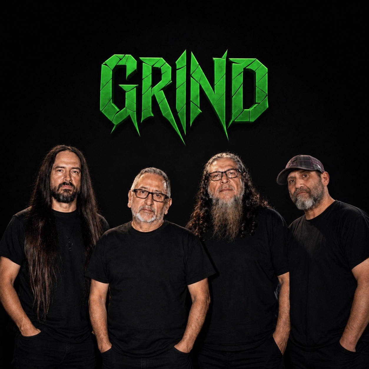 GRIND promo photo with the green band logo